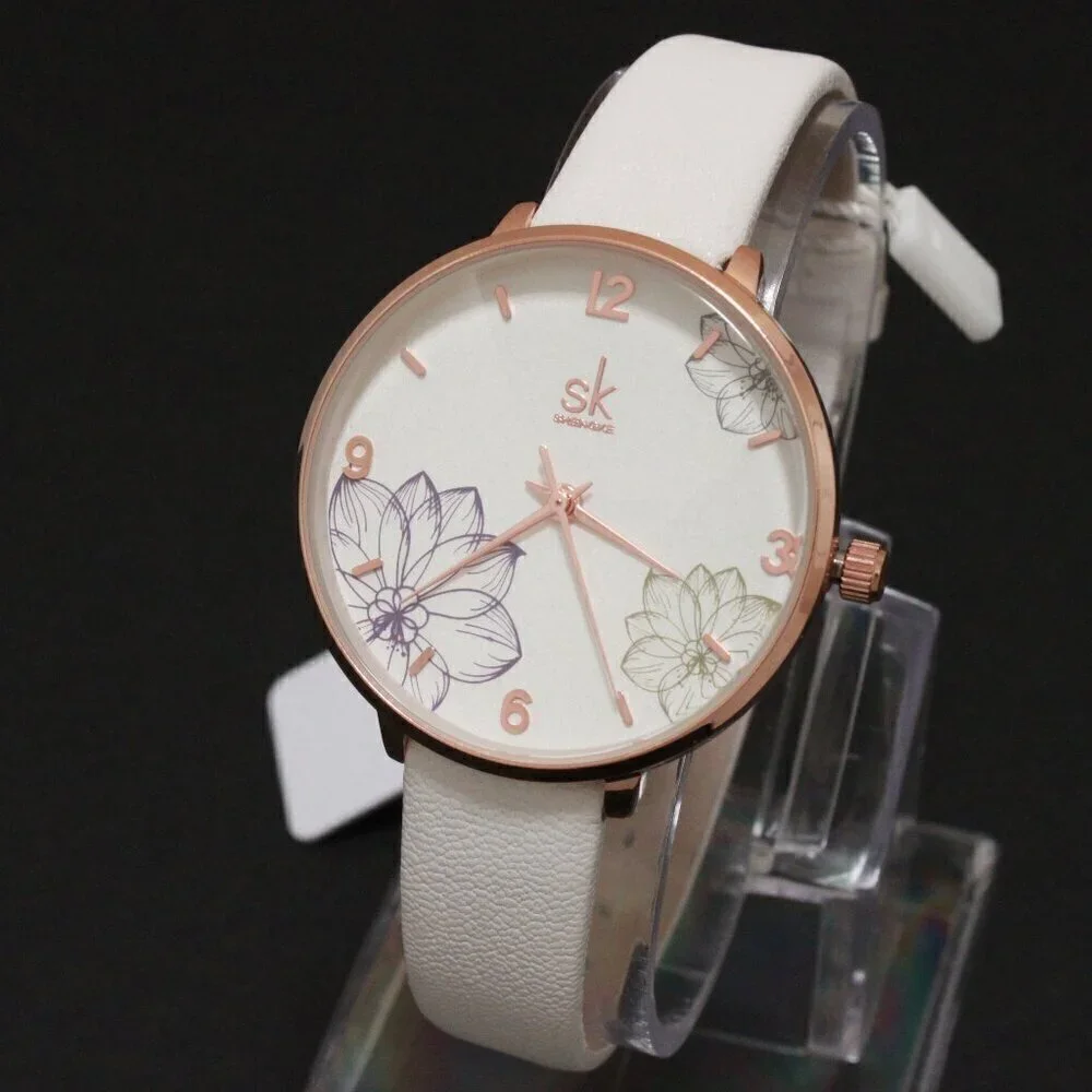 Ladies Dress Quartz Watch White Floral Dial White Strap 32mm
